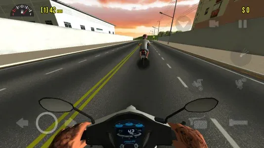 Moto Wheelie 3D first person cockpit view riding through a city at sunset
