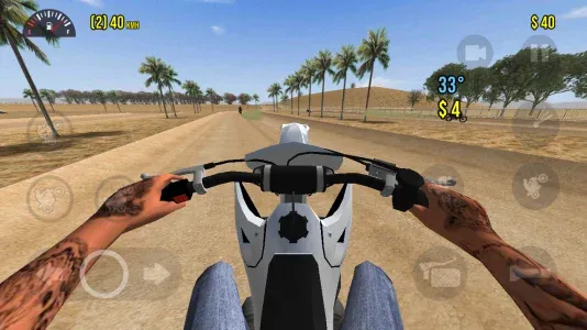 Moto Wheelie 3D first person view riding a white bike on a desert road lined with palms