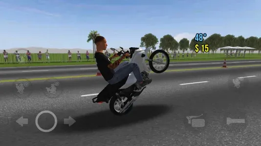 Moto Wheelie 3D wheelie on a highway past a crowd, angle meter reading 48 degrees